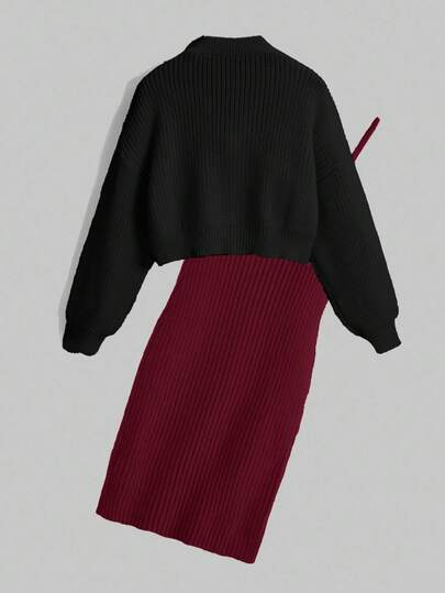 Kawaii 2 pièces Ensemble robe nuisette en tricot et cardigan tricoté à manches longues avec décoration nœud pour femmes