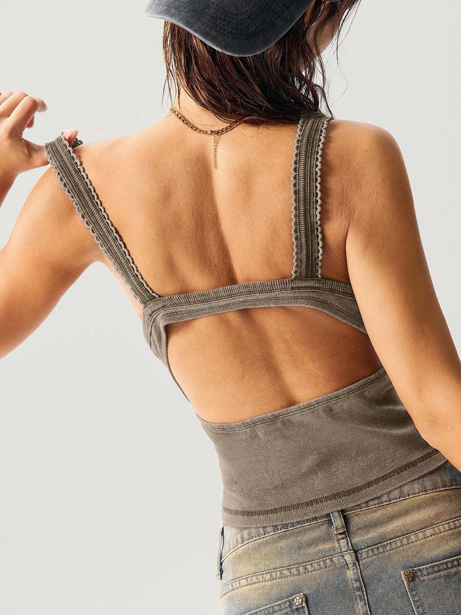 Bohemela 女式休闲度假风格纯色针织 V 领修身短款背心，夏季 - 棕色 - 查看 1