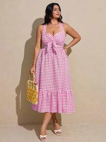 Viva Relle Große Größen Karo Herzausschnitt Krawatte Rüschen Saum Ärmellos Lässig Kleid für Damen, Sommer