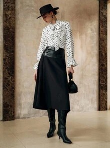 Aveloria 编织波尔卡圆点印花 V 领荷叶边饰边系带长喇叭袖直筒休闲户外优雅办公室约会度假女式衬衫，春夏秋