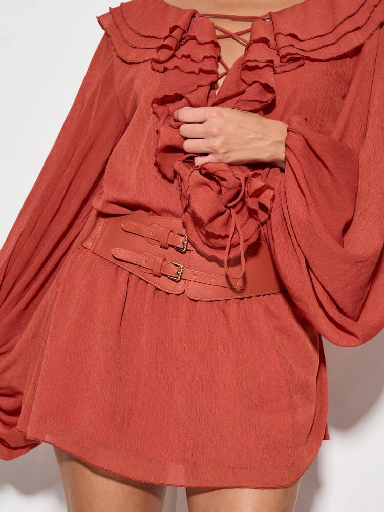 KIZN Chiffon Ruffle Long Sleeve Mini Dress Lace Up Front Empire Waist Bishop Sleeve Fall Autumn Winter Party Evening Occasion Statement Boho