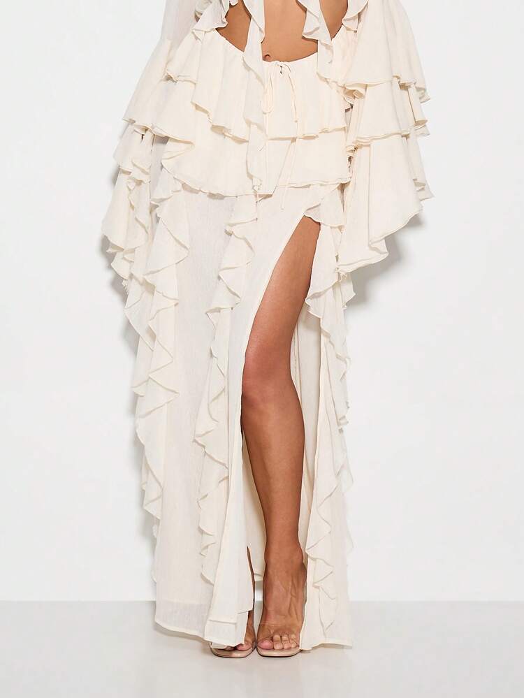 KIZN Jupe longue superposée transparente à volants, tenue de plage, festival, invité de mariage, longue jupe fendue pour soirée spéciale, jupe enveloppante pour plage et fête