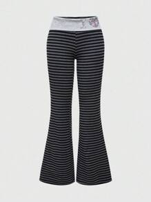 ROMWE Avant Y2K Retro Striped Flag Rhinestone Contrast Color Low Waist Women Pants - Black - View 1