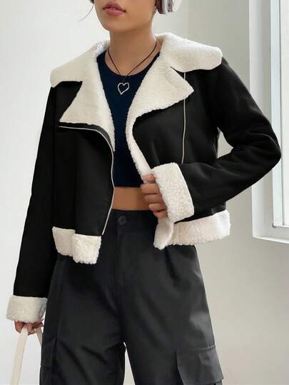 SHEIN EZwear 女士休闲黑白保暖内衬夹克，秋冬