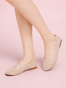 CUCCOO DOLLMOD Women's Fashion Apricot Flat Mesh Rhinestone Embellished Slip-On Shoes - Apricot - View 3