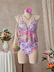SHEIN Swim 女士碎花荷叶边可调节高腰度假吊带比基尼上衣 - 粉色 - 查看 4