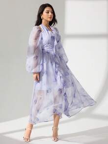 Modelyn 女士长款雪纺露背连衣裙，清新花卉褶皱，浪漫优雅的摆摆，春夏 - 紫色 - 查看 4