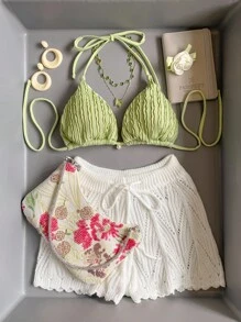 SHEIN Swim Top de bikini de cuello halter y unicolor para mujer, ideal para verano y playa - Verde - Ver 1