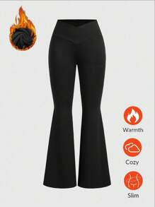 Slaydiva Plus Size Women's High Waist Crossover Design Flared Thermal Lined Leggings, Winter - Black - View 2