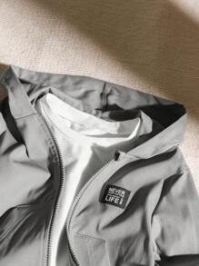 SHEIN Genkimix Kids Young Boy Casual Daily Street Chic Letter Graphic Zip-Up Hooded Jacket, Autumn Fall Winter