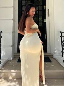 NegzBox 褶饰高开叉抹胸紧身连衣裙，优雅