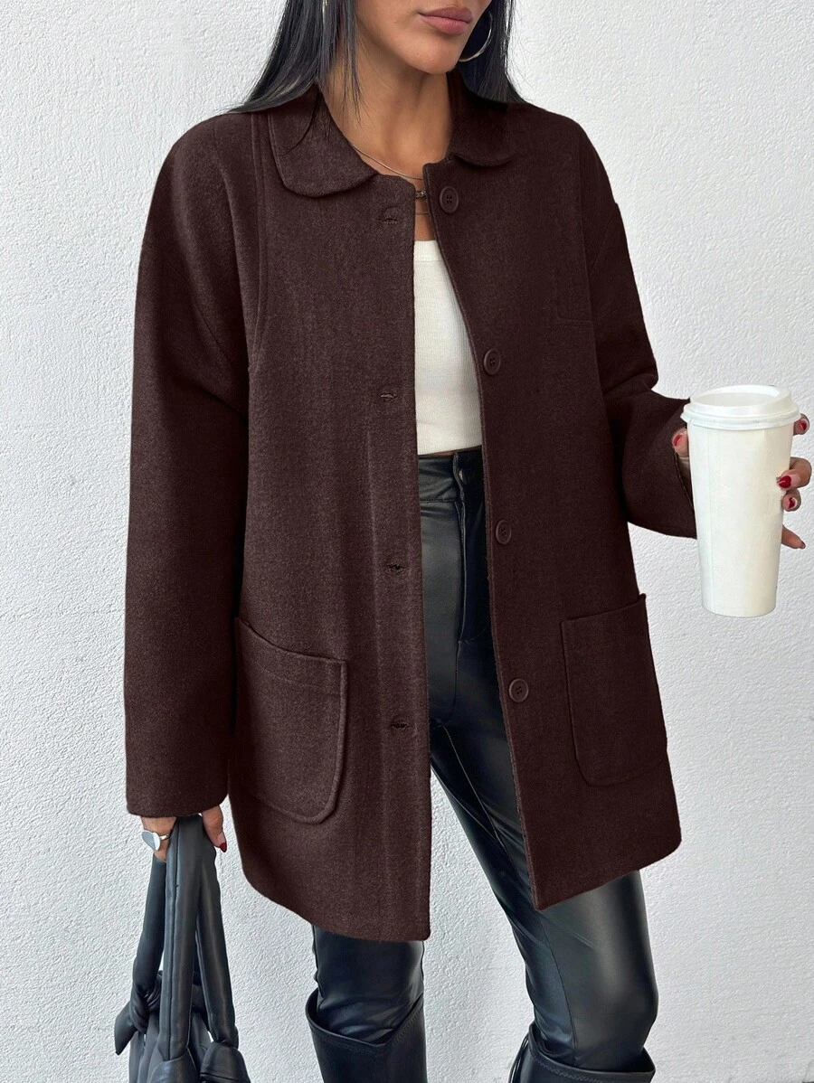 EURMUSE Cotton Knitted Overcoat Drop Shoulder Double Pocket Coat Easy To Style Perfect For Autumn And Winter - Chocolate Brown - View 1