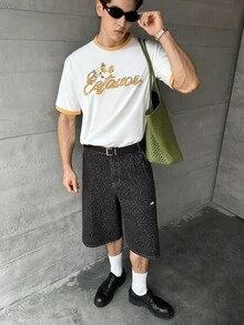 SWAVVY 男士休闲时尚针织圆领短袖字母印花T恤，适合夏季 - 白色 - 查看 1