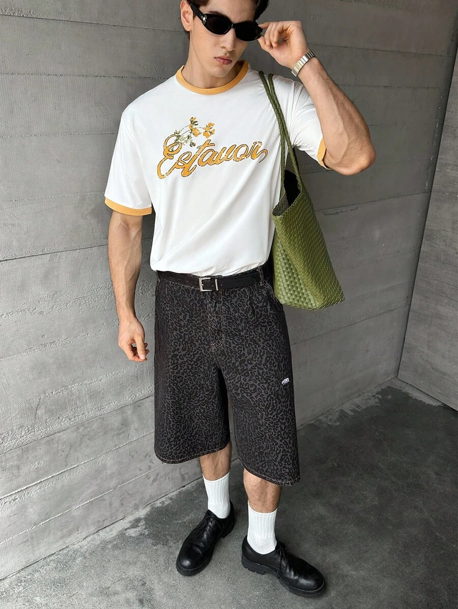SWAVVY 男士休闲时尚针织圆领短袖字母印花T恤，适合夏季 - 白色 - 查看 1