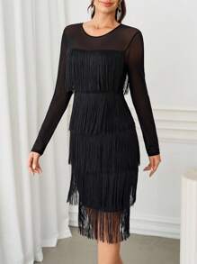 Ellevyn Váy Thu/Đông Mới Cho Nữ, Váy Lưới Vá Nhiều Lớp Tua Rua Xòe, Thích Hợp Cho Trà Chiều, Tiệc Tùng, Chụp Ảnh, Đa Năng - màu đen - Xem 8