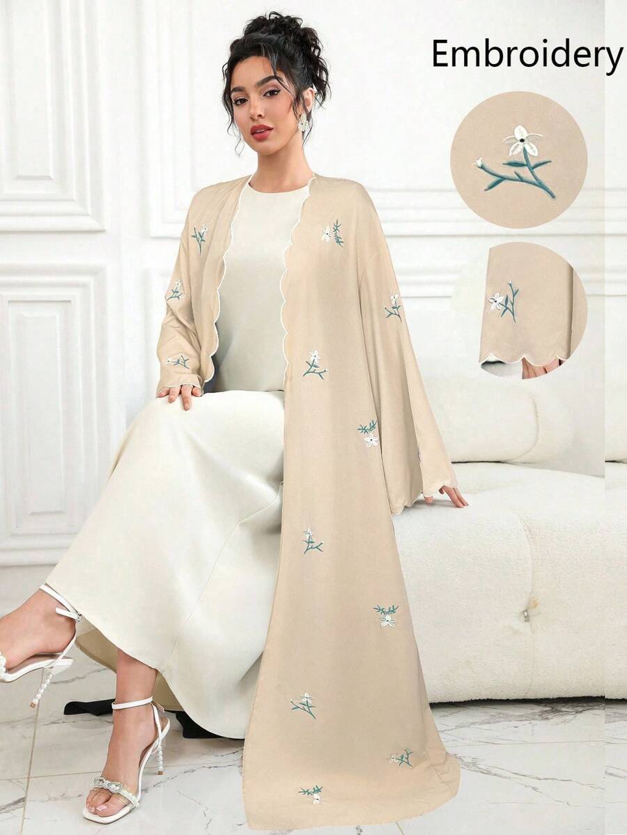 Al Najma Contrast Trim, Embroidered, Floral, Tie-Front Kimono Cover Up