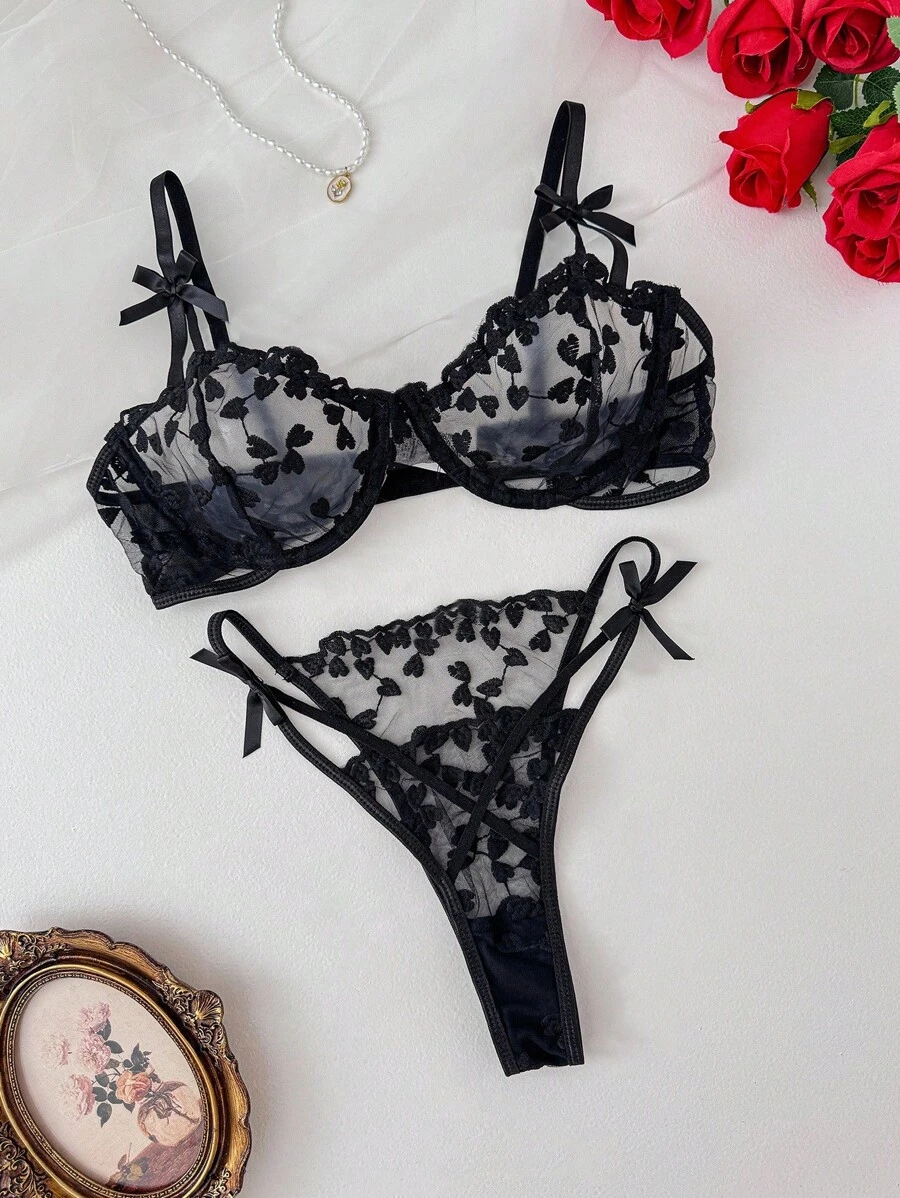 PetitDoll Women's Embroidered Mesh Sexy Lingerie (With Underwire/G-String) 2pcs Bra & Panty Underwear Set - Black - View 1