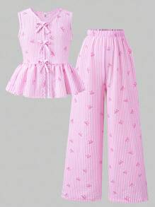 Sparklyn 2pcs Tween Girls Sleeveless Shirt With Bow Button And Elongated Pants Set - Pink - View 5