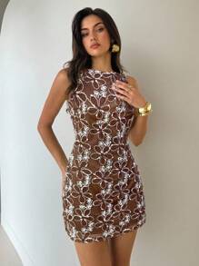 Aloruh Vestido Curto Feminino Sexy Sem Costas, Bordado em Chiffon, Silhueta em A, Adequado para Férias na Primavera/Verão - Castanho - Visão 3