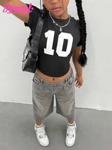 Girls' Cropped Knit Numeric Print Short Sleeve Top, Distressed Wash Wide Leg 5/7 Pants Jeans, Street Fashion Y2K Sporty Campus Style Set - Multicolor - View 4