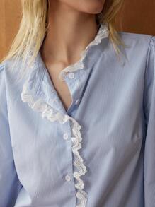 Écloséra Blusa de manga larga con volantes y rayas, de estilo retro francés, de apertura frontal y abotonadura sencilla, para primavera/verano - Azul - Ver 5