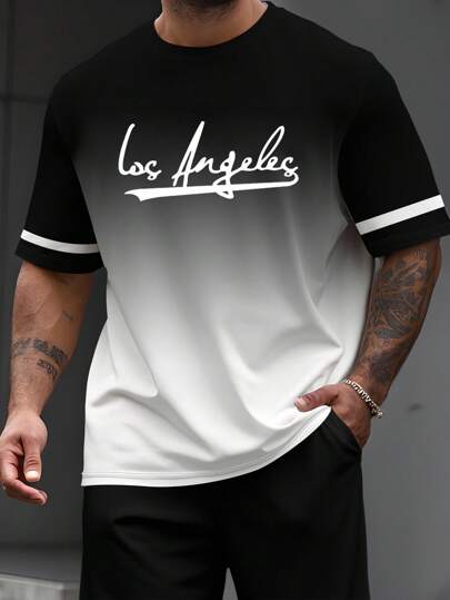 Manfinity Homme Plus Size Men's Casual Gradient Letter Print T-Shirt, Summer Los Angeles Shirt Black And White T Shirt