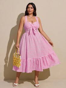 Viva Relle Große Größen Karo Herzausschnitt Krawatte Rüschen Saum Ärmellos Lässig Kleid für Damen, Sommer