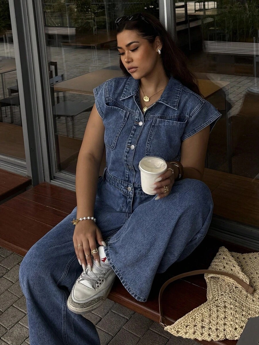 Dripcurv Bộ đồ liền thân denim rộng rãi, tay bồng màu xanh cỡ lớn dành cho nữ, trang phục năm mới, phong cách quý tộc. - Màu xanh lam - Xem 1