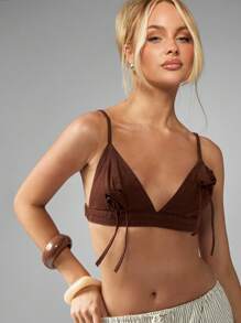 MISSGUIDED Summer Bralette Top Rose Detail V Neck Cotton Denim Bralette Crop Festival Beachwear Resort Wear Holiday Casual Everyday Classic Design - Brown - View 4