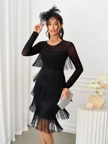 Ellevyn Váy Thu/Đông Mới Cho Nữ, Váy Lưới Vá Nhiều Lớp Tua Rua Xòe, Thích Hợp Cho Trà Chiều, Tiệc Tùng, Chụp Ảnh, Đa Năng - màu đen - Xem 9