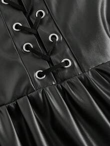 SHEIN MOD 大码黑色皮革系带迷你连衣裙 - 黑色 - 查看 5