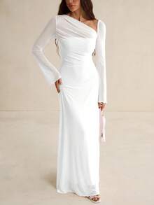 SHEIN Tall Elegant Solid Color Asymmetric Neck Dress, Autumn,Prom Dress,Fall Wedding Guest Dress - White - View 3