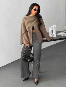 SHEIN PETITE Women's Solid Color Scarf Design Loose Casual Wool Blend Jacket Brown Jacket In Fall/Winter - Khaki - View 1