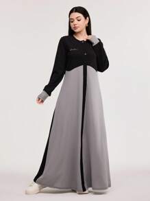Veilorie 女式秋季休闲拼色阿拉伯风格连衣裙阿巴雅连衣裙端庄连衣裙穆斯林连衣裙 - 灰色 - 查看 1
