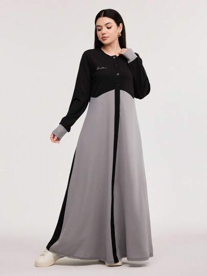 Veilorie 女式秋季休闲拼色阿拉伯风格连衣裙阿巴雅连衣裙端庄连衣裙穆斯林连衣裙