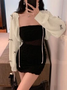 DAZY 女士蝴蝶结装饰系带短款针织开衫，带蝴蝶结，秋冬款 - 白色 - 查看 1