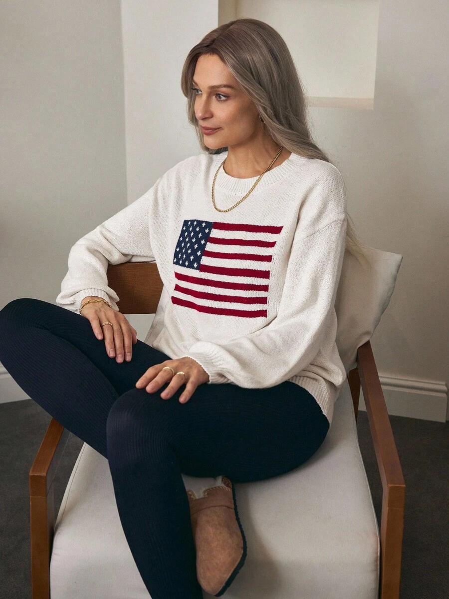Louniche Usa Flag Design Drop Shoulder Sweater,Long Sleeve Tops - White - View 1