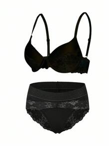 2pcs/Set Lace Patchwork Women's Underwire Bra Set - Black - View 6
