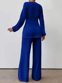 EURMUSE Women's Solid Color Round Neck Lantern Sleeve Ruched Waist Top And Wide Leg Pants Fashion 2 Pieces Set - Navy Blue - View 2