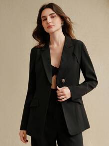 Anewsta Áo khoác Blazer đen thanh lịch dành cho nữ, thiết kế giản dị cho công sở - màu đen - Xem 8