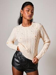 COSMINA 女士优雅珍珠缀饰长袖毛衣，秋冬 - 杏色 - 查看 1