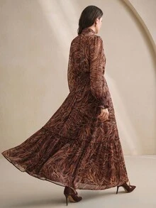 Anewsta Elegant & Slimming Cinched Waist Floral Print Long Dress For Women - Brown - View 2