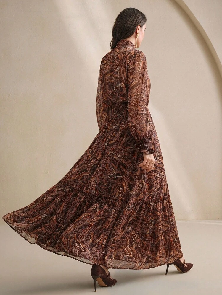 Robe longue élégante et affinante avec ceinture à la taille et imprimé floral pour femmes