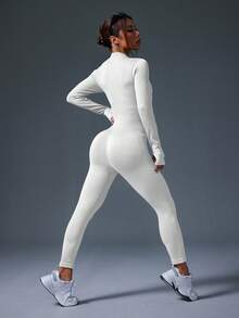 Dewbera Dewbera Women's Solid Color Stand Collar Casual Ribbed Zip-Up Long Sleeve Jumpsuit Shaping Workout Compression Women Jumpsuits Tummy Control Seamless Yoga - White - View 3