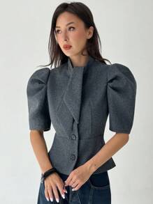 Aloruh 女士灰色短款泡泡袖单排扣蝴蝶结领时尚外套，秋冬季女士西装外套，深灰色宽肩围巾短款外套，优雅秋冬外套，适合所有女性，秋季，女士，秋冬，女士，冬季，女士，冬季外套，女士返校节，学校，教师，女士外套，时尚秋季 - 灰色 - 查看 5