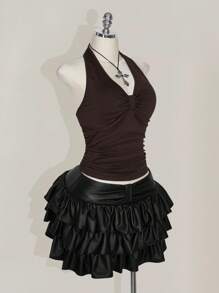 SHEIN ICON Plus Size Black Halter Ruched Backless Top, Bowknot, Suitable For Vacation, Music Festival, Punk