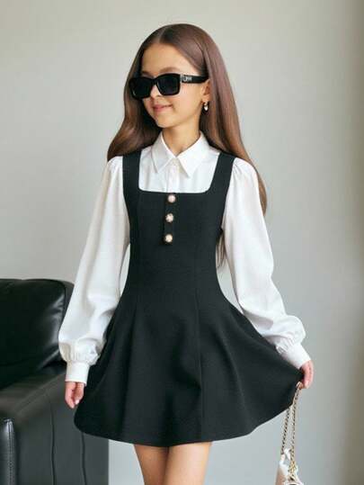 SHEIN Nova Glow Tween Girls Elegant Black White Color Block Turndown Collar Lantern Sleeve 2 In 1 Dress, Fall & Autumn,Back To School,Fall Dresses, Outfits,White Long Sleeve Dresses