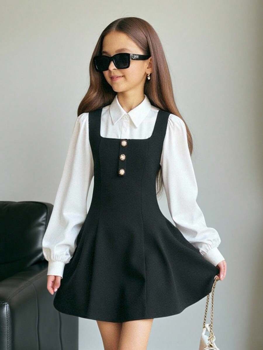 Firerie Kids Firerie Kids Nova Glow Tween Girls Elegant Black And White Color Block Turndown Collar Lantern Sleeve 2 In 1 Dress,Autumn Back-To-School School Fall Outfits - Black and White - View 1
