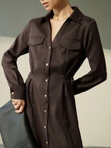 Aveloria Modichic Váy sơ mi dài tay cổ chữ V thắt eo kiểu Âu Mỹ mới cho nữ mùa thu/đông - màu nâu - Xem 4