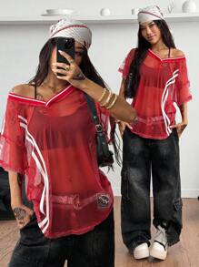 Coolane Áo thun cổ chữ V họa tiết dệt lưới thoáng khí thời trang dạo phố mùa xuân/hè cho bé gái tuổi teen - Đỏ - Xem 2